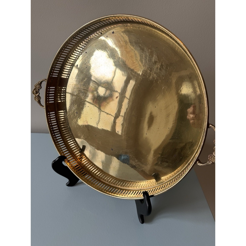 Mid Century  Round Brass  Reticulated Tray with Ornate Handles Diameter 15"